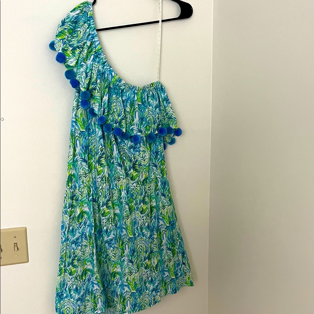 Lilly Pulitzer One-shoulder romper with pom poms
